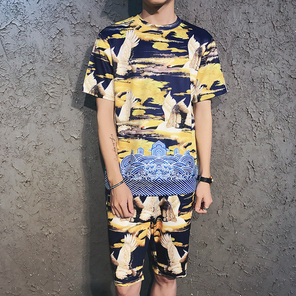 Alkalmi férfi kétrészes szett színes nyomattal - rövid ujjú blúz és rövidnadrág