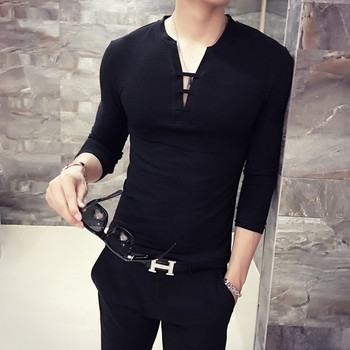 Небрежна мъжка блуза с V-образно деколте с връзки - 3 цвята
