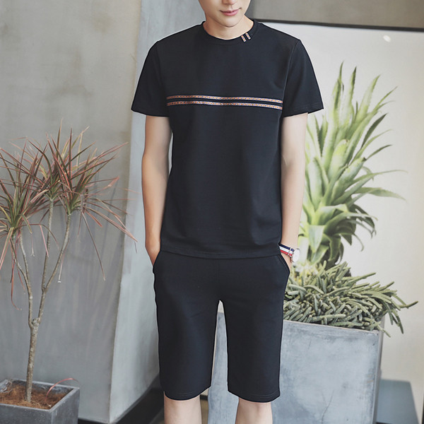 Ανδρικό αθλητικό σετ - σετ από δύο μέρη - μπλούζα με κοντά μανίκια και σορτς - 4 χρώματα