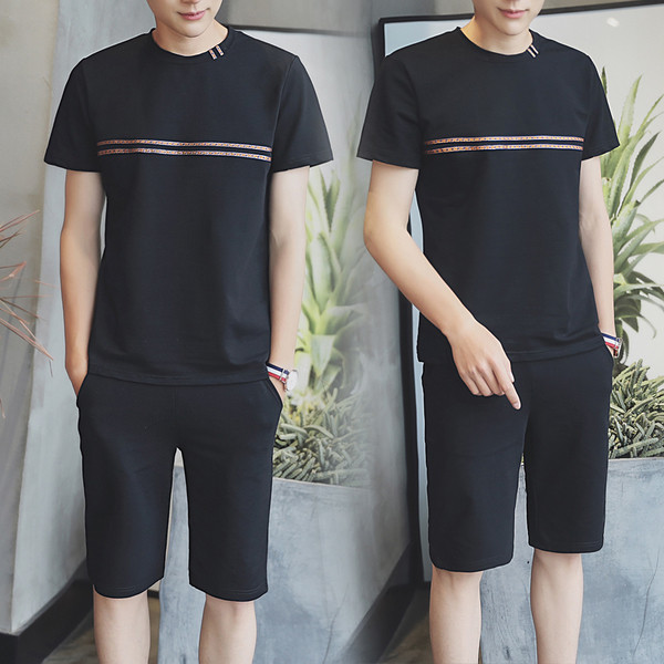 Ανδρικό αθλητικό σετ - σετ από δύο μέρη - μπλούζα με κοντά μανίκια και σορτς - 4 χρώματα