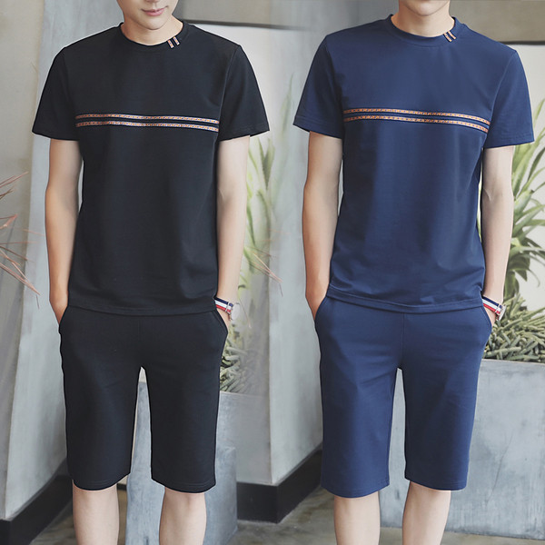 Ανδρικό αθλητικό σετ - σετ από δύο μέρη - μπλούζα με κοντά μανίκια και σορτς - 4 χρώματα