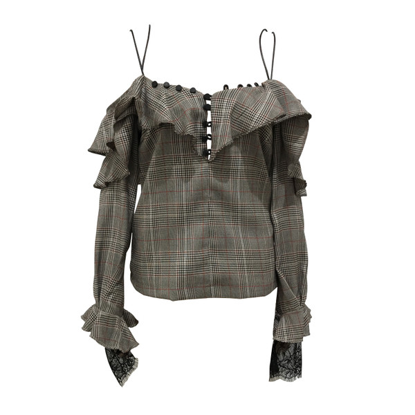 Elegáns női kockás blúz vékony pántokkal, széles göndör és csipke ujjakkal
