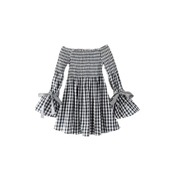 Κομψό γυναικείο φόρεμα με κοντό μανίκι με χαλασμένους ώμους και ενδιαφέροντα μανίκια