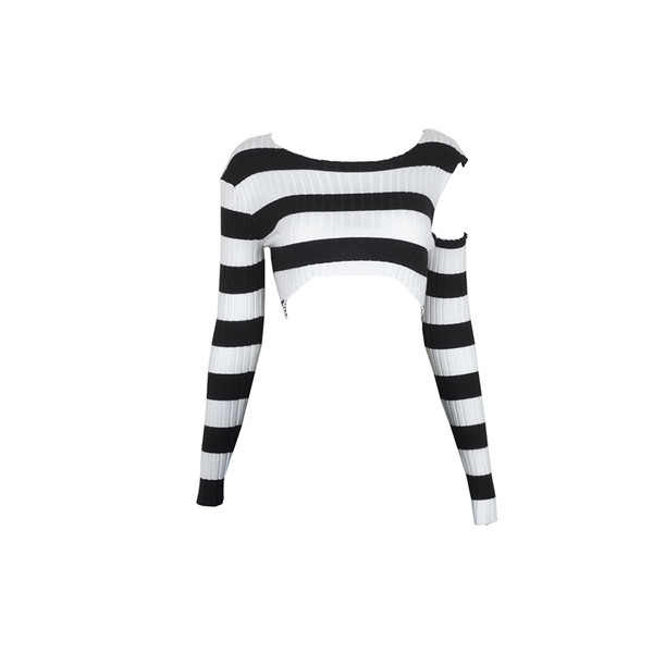 Σπορ-casual σύντομηγυναικεία ριγέ μπλούζα με ενδιαφέροντες ώμους