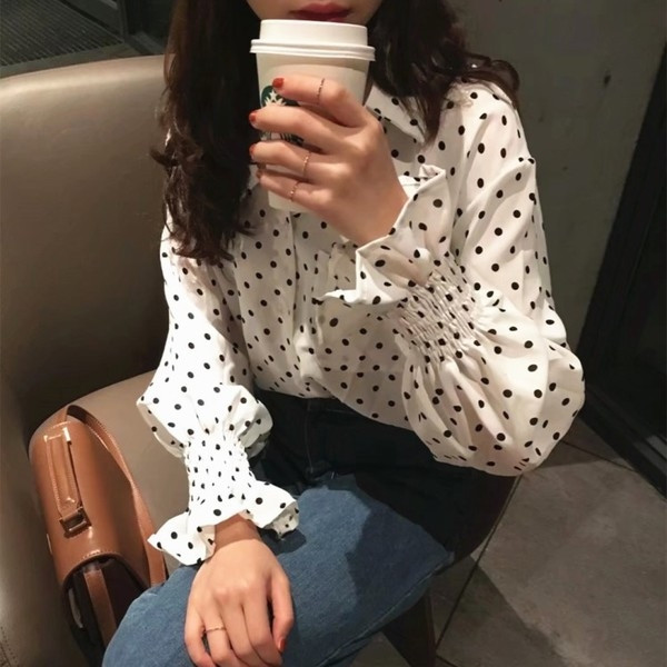 Stílusos női pöttyös ing széles és göndör ujjú három színben