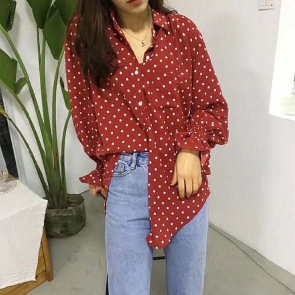 Stílusos női pöttyös ing széles és göndör ujjú három színben