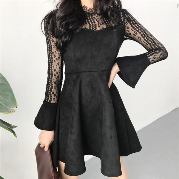 Finom női rövid kivágott ruha csipke O-alakú gallérral és ujjakkal, két színben