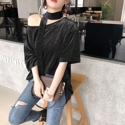 Μοντέρνα γυναικεία μπλούζα σε ελεύθερο στυλ με λαμπερά σωματίδια σε δύο χρώματα