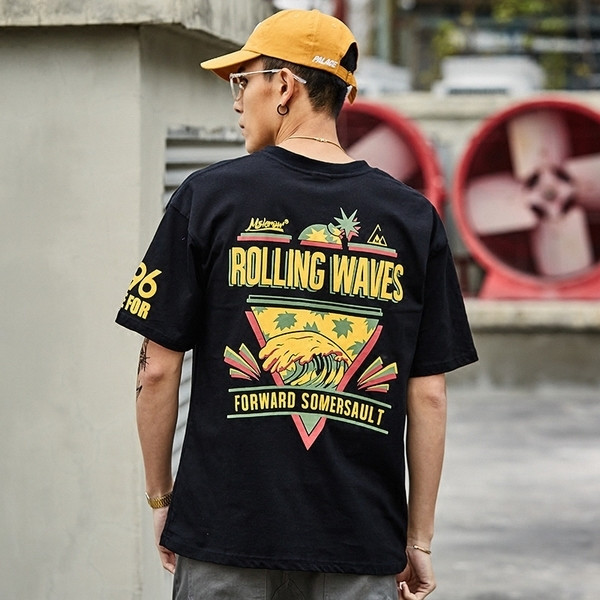 Alkalmi férfi blúz 3/4 ujjú felirattal és rátéttel - fekete, lila és zöld