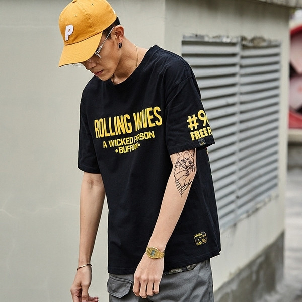 Alkalmi férfi blúz 3/4 ujjú felirattal és rátéttel - fekete, lila és zöld