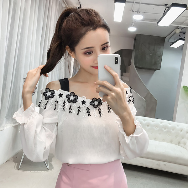 Egyszerű női ing vágott vállú, 3D virágmotívumokkal