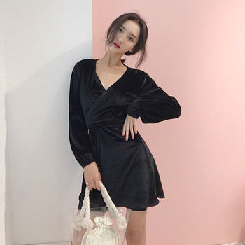 Κομψό γυναικείο φόρεμα βελούδινο με ντεκολτέ σε σχήμα V σε δύο χρώματα