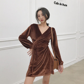 Κομψό γυναικείο φόρεμα βελούδινο με ντεκολτέ σε σχήμα V σε δύο χρώματα