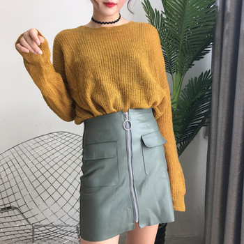 Σύγχρονη γυναικεία φούστα  με υψηλή μέση από οικολογικό δέρμα με διακοσμητικό φερμουάρ και τσέπες σε τρία χρώματα