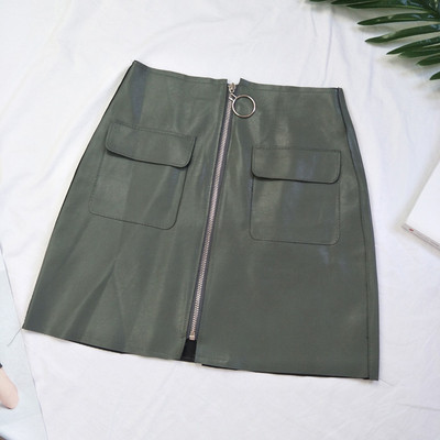 Σύγχρονη γυναικεία φούστα  με υψηλή μέση από οικολογικό δέρμα με διακοσμητικό φερμουάρ και τσέπες σε τρία χρώματα