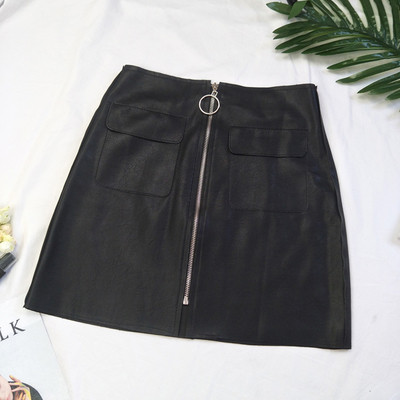 Σύγχρονη γυναικεία φούστα  με υψηλή μέση από οικολογικό δέρμα με διακοσμητικό φερμουάρ και τσέπες σε τρία χρώματα