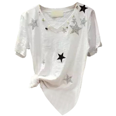 Nyári női póló V-nyakkal, manikával és mintával