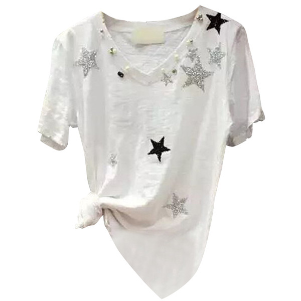 Nyári női póló V-nyakkal, manikával és mintával