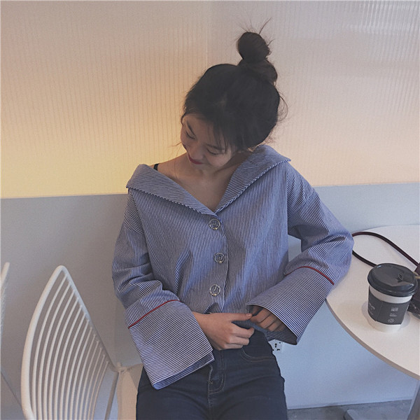 Καθημερινό ριγέ πουκάμισο με μακρύ μανίκι - μπλε και μαύρο χρώμα