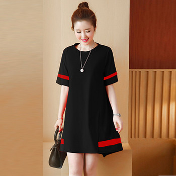 Alkalmi női ruha színes szalagokkal, O-alakú gallérral és 3/4-es ujjakkal