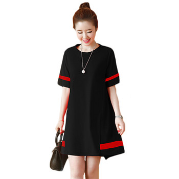 Alkalmi női ruha színes szalagokkal, O-alakú gallérral és 3/4-es ujjakkal