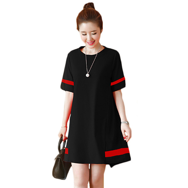 Alkalmi női ruha színes szalagokkal, O-alakú gallérral és 3/4-es ujjakkal