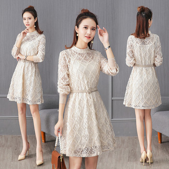 Κομψό δαντελωτό γυναικείο φόρεμα με κεντήματα και διακοσμητική ζώνη σε τρία χρώματα