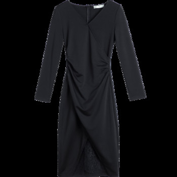 Αθλητικό κομψό γυναικείο μακρύ φόρεμα με V-λαιμό και δαντέλα σε μαύρο χρώμα