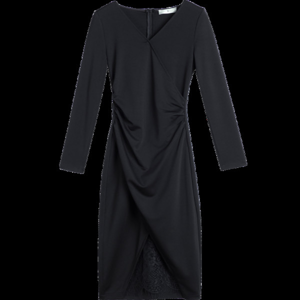 Αθλητικό κομψό γυναικείο μακρύ φόρεμα με V-λαιμό και δαντέλα σε μαύρο χρώμα