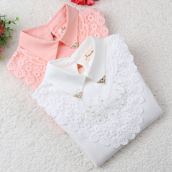 Стилна детска блуза за момичета с бродерия и декоративни перли в два цвята