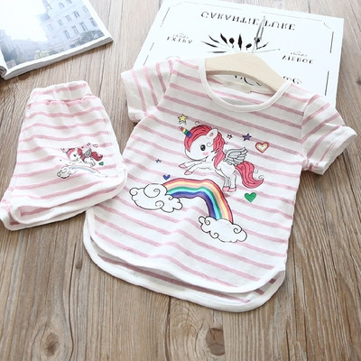 Ριγέ παιδικό σετ για κορίτσια από μπλούζα και παντελόνι με εφαρμογή