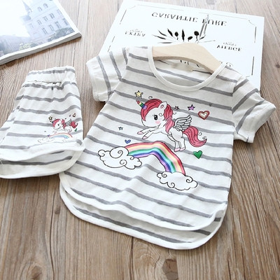 Ριγέ παιδικό σετ για κορίτσια από μπλούζα και παντελόνι με εφαρμογή