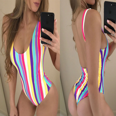 Costum de baie intreg de dama cu spatele gol cu panglici colorate