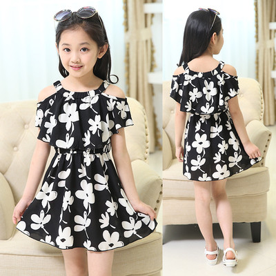 Καλοκαιρινό παιδικό φόρεμα με φυτικά μοτίβα με ελαστική μέση και γυμνά ώμους