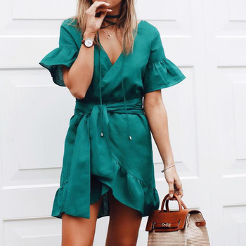 Περιστασιακό γυναικείο φόρεμα με ντεκολτέ σε σχήμα V σε μπλε και πράσινο χρώμα