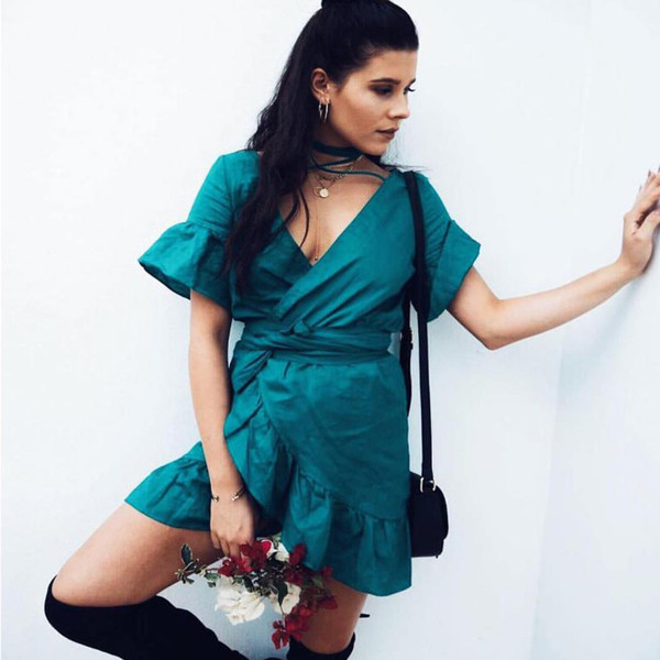 Περιστασιακό γυναικείο φόρεμα με ντεκολτέ σε σχήμα V σε μπλε και πράσινο χρώμα