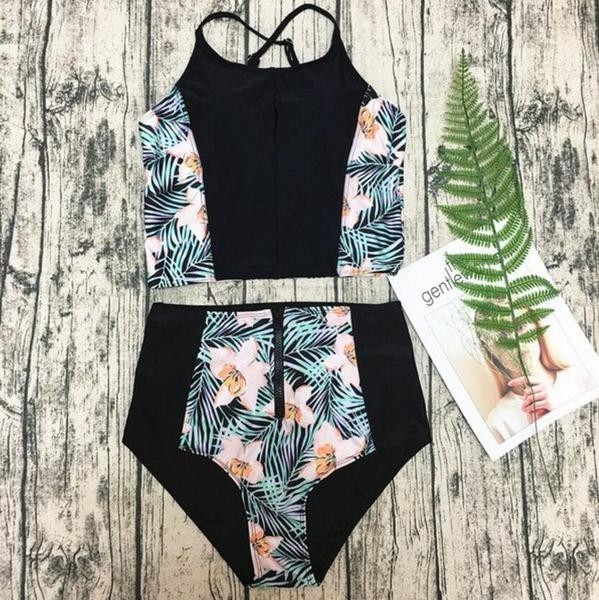 Costum de baie de dama de culoare neagra cu motiv floral