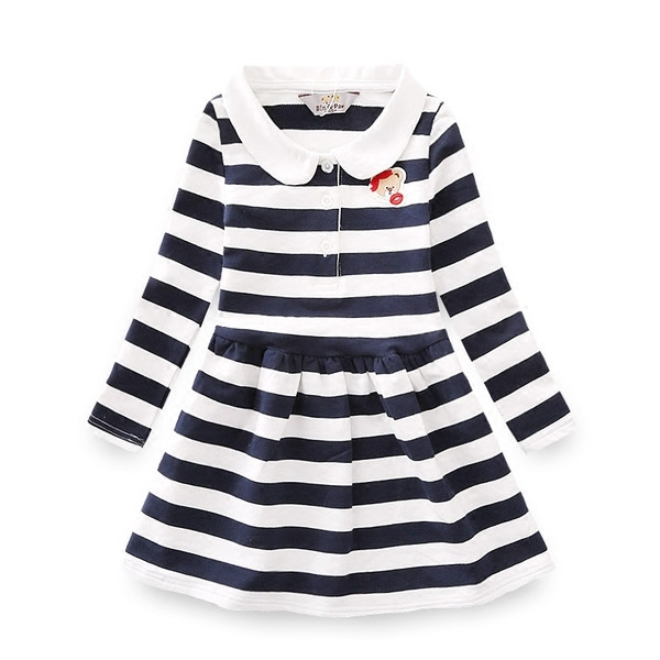 Rochie casual cu dungi pentru copii, cu guler si nasturi in forma de O