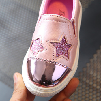 Модерни детски мокасини за момичета с апликация звезди и блестящи частици в сив и розов цвят
