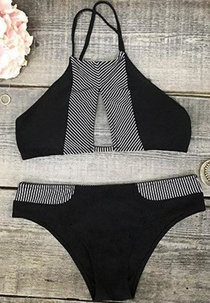 Costum de baie simplu din două piese de damă cu dungi