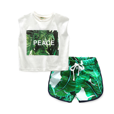 Детски спортен екип за момчета от потник и къси панталони с флорални мотиви