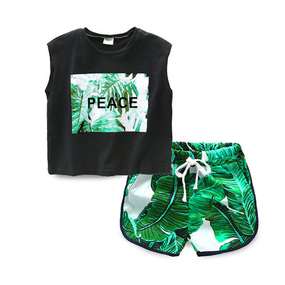 Детски спортен екип за момчета от потник и къси панталони с флорални мотиви