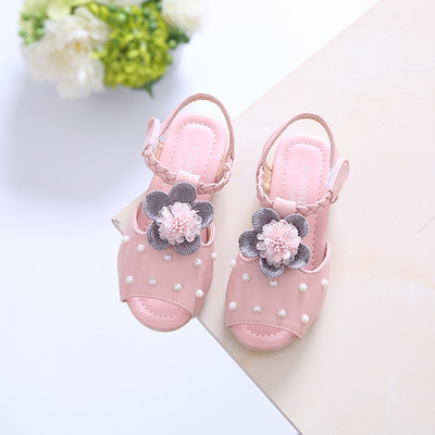 Стилни детски сандали за момичета с флорален мотив и перли в два цвята