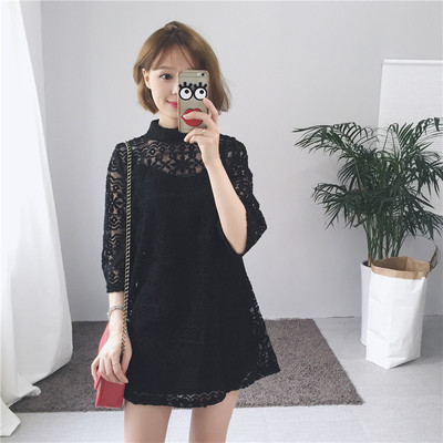 Καλοκαιρινό σύντομο φόρεμα δαντέλας με 3/4 μανίκι σε ανοικτό κολάρο για πόλο