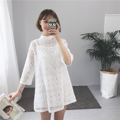 Καλοκαιρινό σύντομο φόρεμα δαντέλας με 3/4 μανίκι σε ανοικτό κολάρο για πόλο