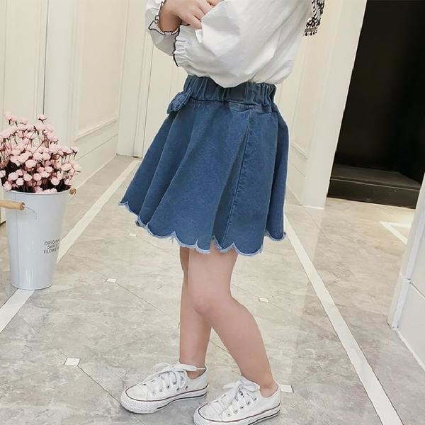 Fusta de blugi pentru fete pentru copii cu talie elastica si element panglica