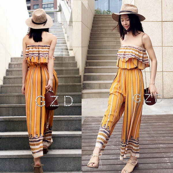 Καλοκαιρινό γυναικείο ολόσωμο παντελόνι σε κίτρινο χρώμα με πέπλα