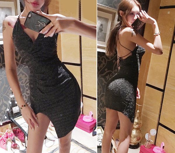 Elegáns, fényes női ruha látványos hátrésszel