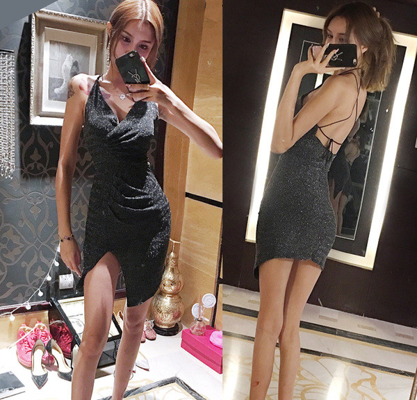 Elegáns, fényes női ruha látványos hátrésszel