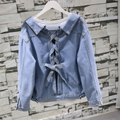 Μοντέρνο γυναικείο τζιν σακάκι με διασταυρωμένους δεσμούς στην πλάτη